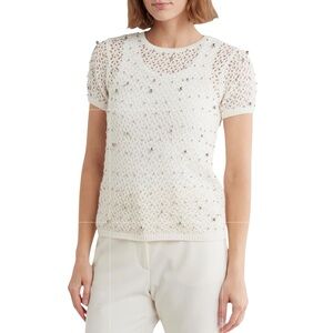 Jason Wu Open Stitch Beaded Short Sleeve Sweater NWT S Classic White